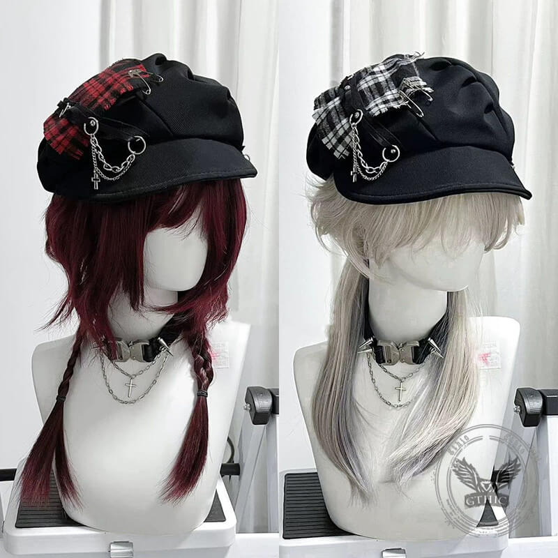 Y2K Punk Dark Plaid Cross Chain Beret | Gthic.com