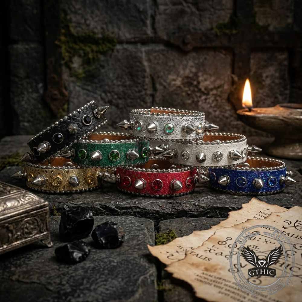 Y2K Spiked Rhinestone PU Leather Cuff Bracelet | Gthic.com