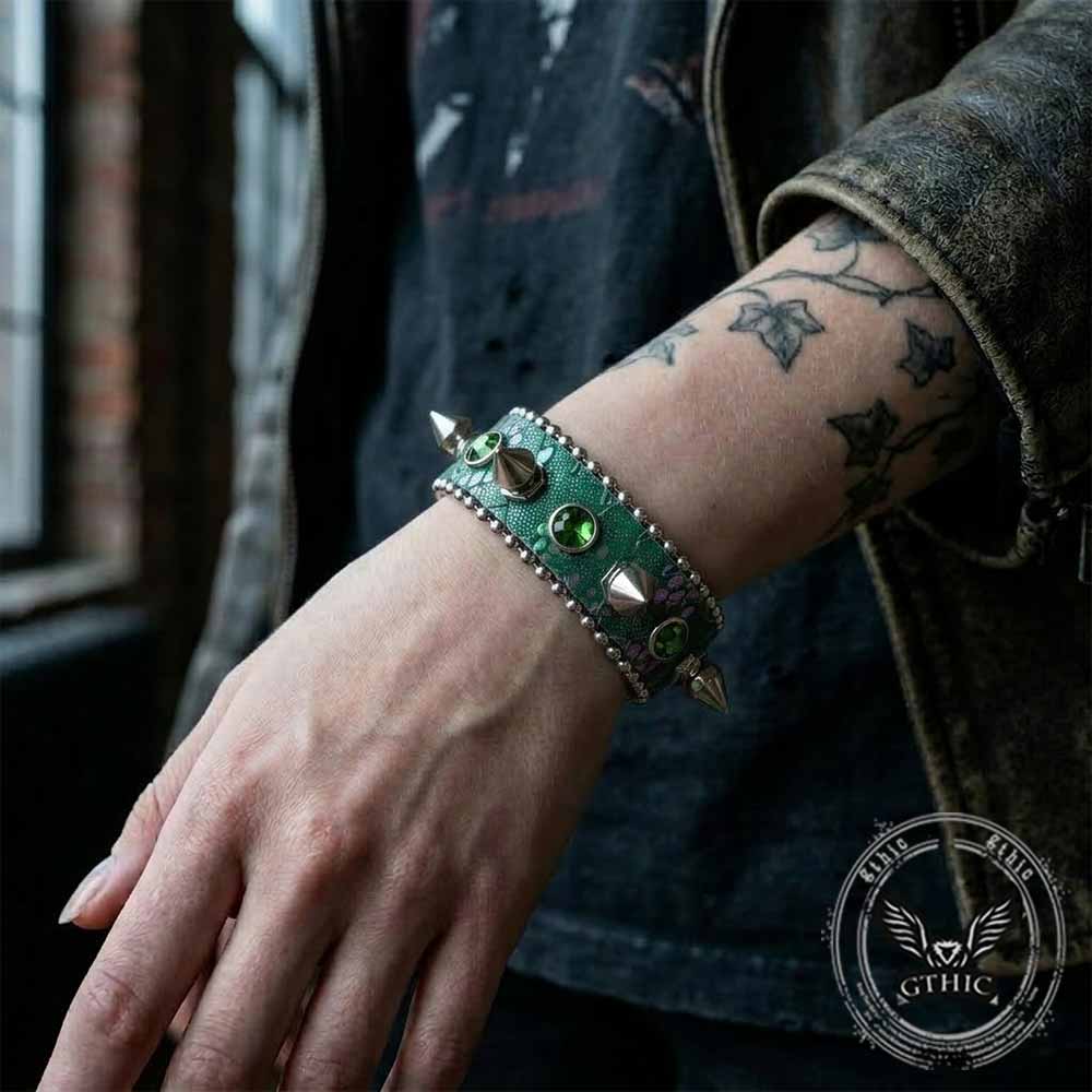 Y2K Spiked Rhinestone PU Leather Cuff Bracelet | Gthic.com