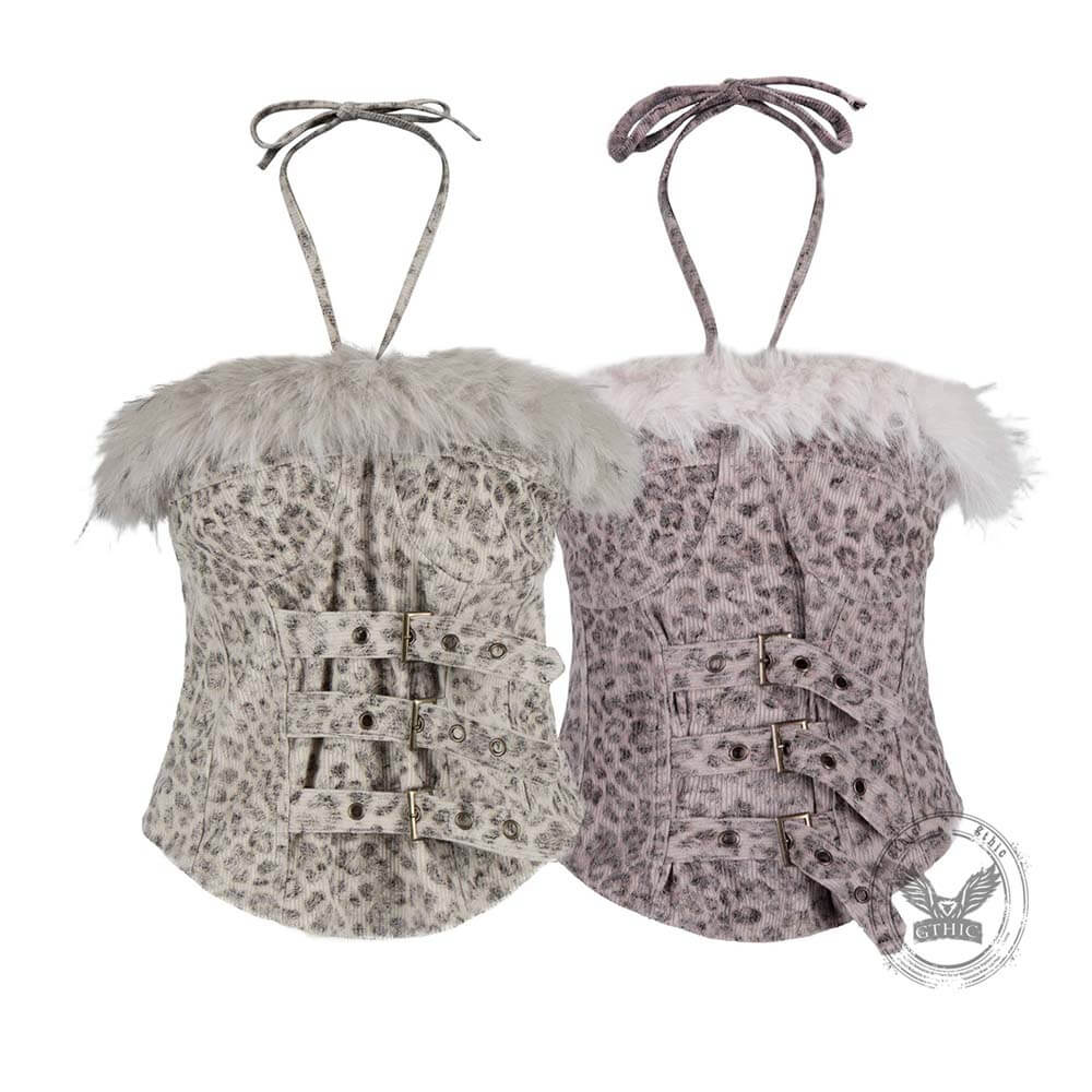 Y2K Star-Patterned Halter Suspender Furry Shorts Set | Gthic.com