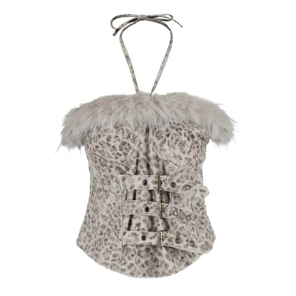 Y2K Star-Patterned Halter Suspender Furry Shorts Set | Gthic.com