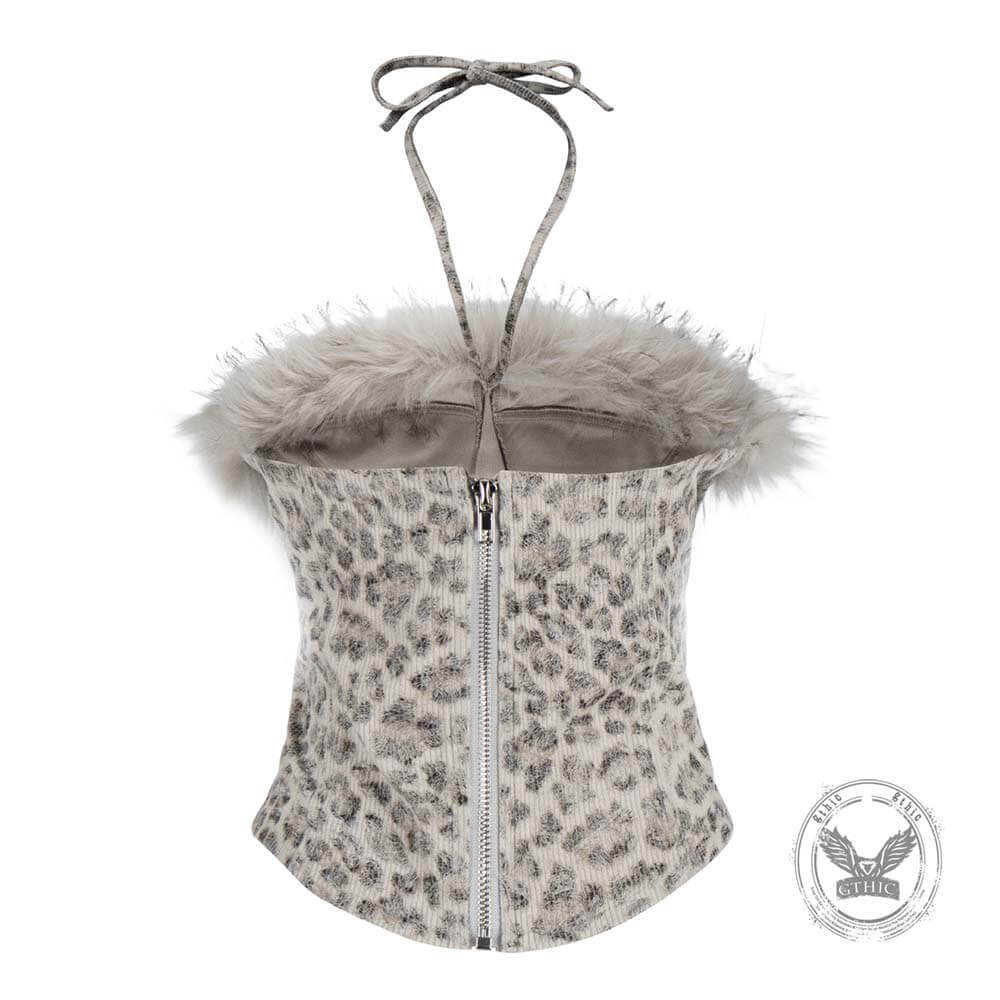 Y2K Star-Patterned Halter Suspender Furry Shorts Set