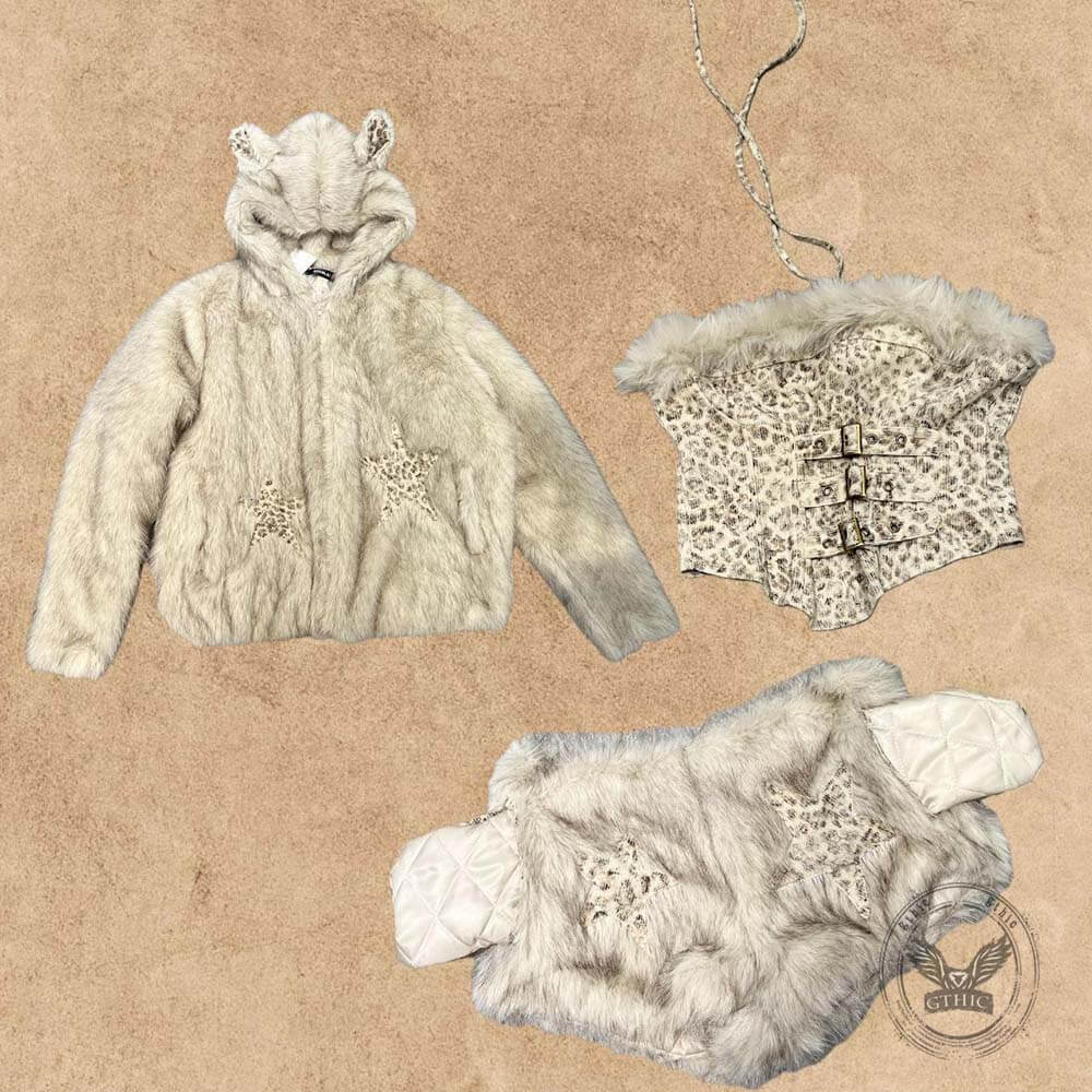 Y2K Star-Patterned Halter Suspender Furry Shorts Set