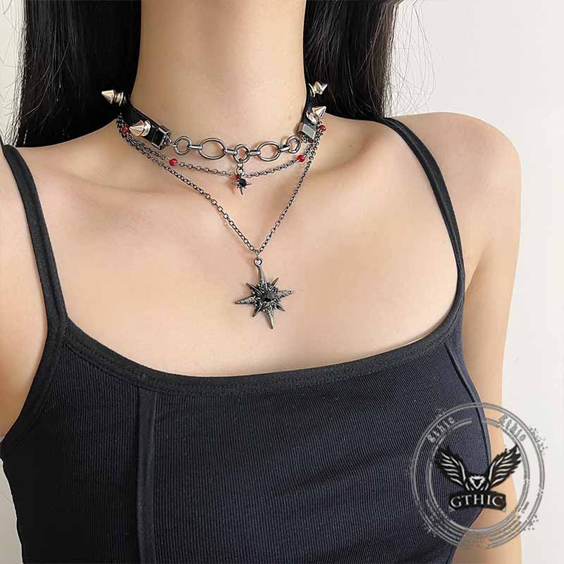 Y2K Studs Star Leather Multi-layered Choker Necklace | Gthic.com