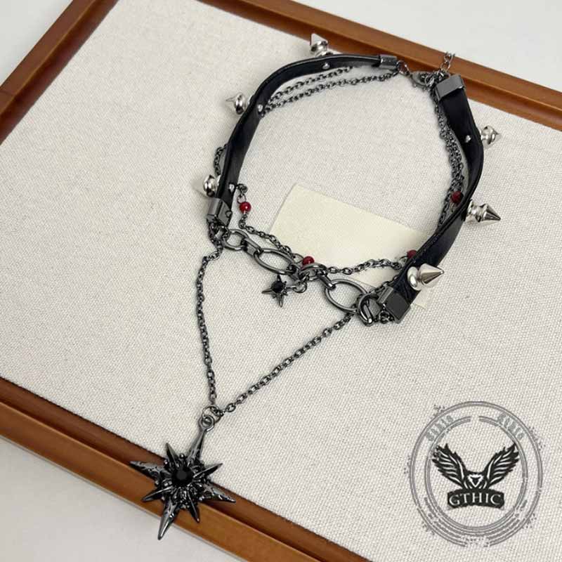 Y2K Studs Star Leather Multi-layered Choker Necklace | Gthic.com