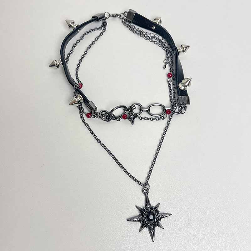 Y2K Studs Star Leather Multi-layered Choker Necklace | Gthic.com