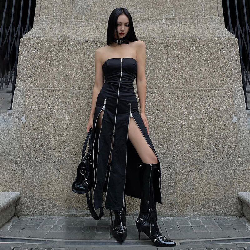 Zipper Design Polyester Slit Dress | Gthic.com