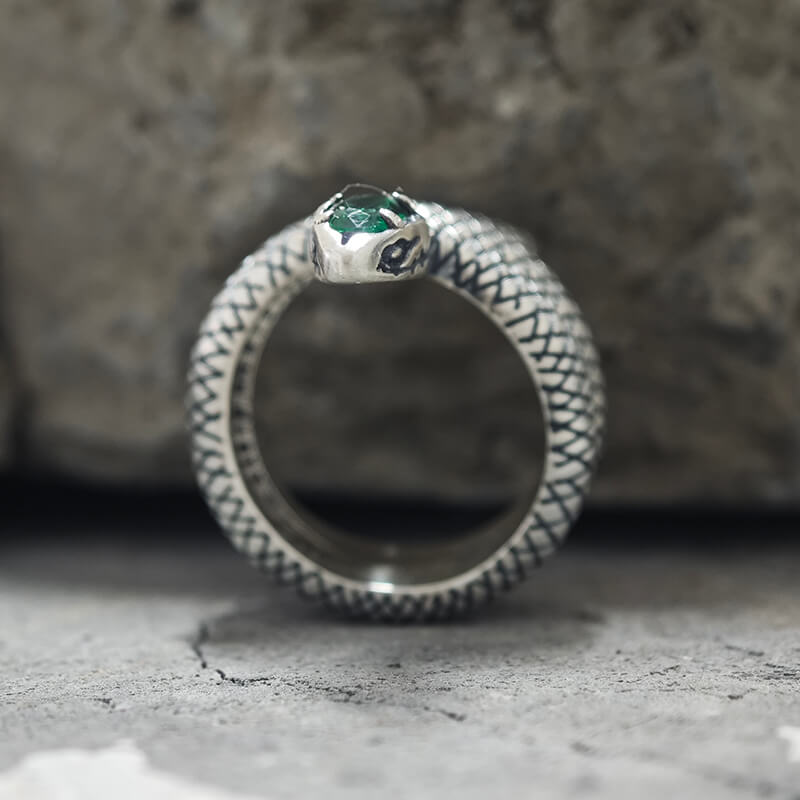 Zircon-set Coiled Snake Sterling Silver Ring