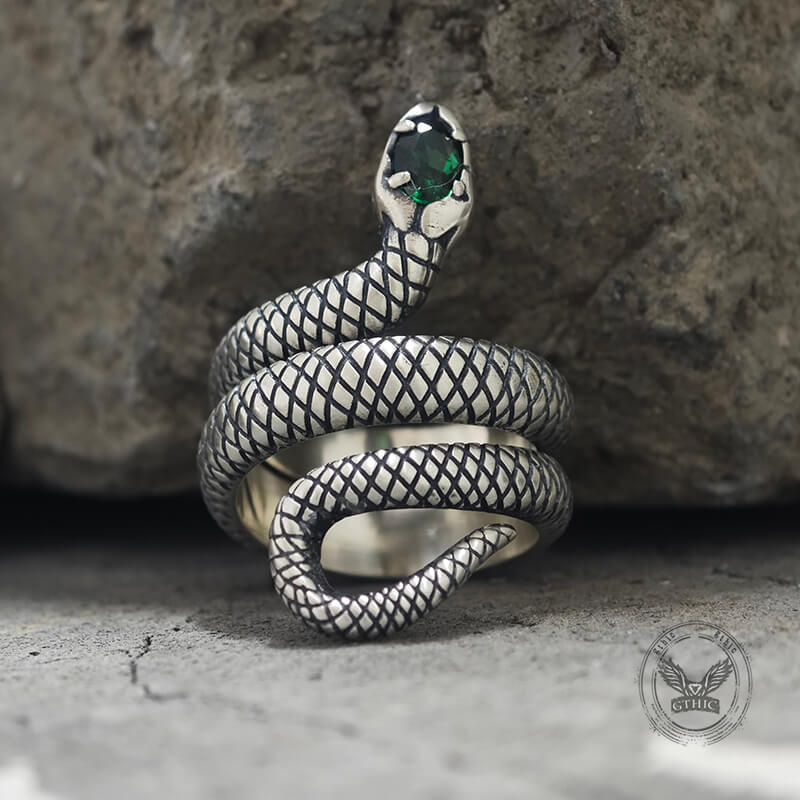 Zircon-set Coiled Snake Sterling Silver Ring