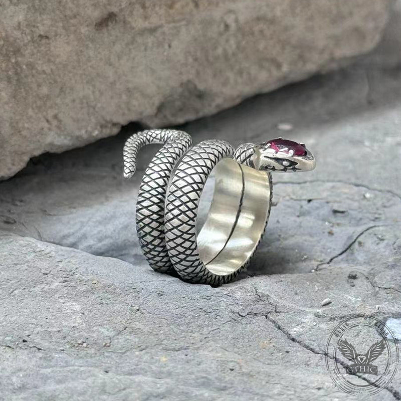 Zircon-set Coiled Snake Sterling Silver Ring