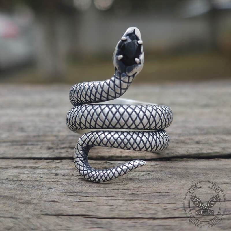 Zircon-set Coiled Snake Sterling Silver Ring