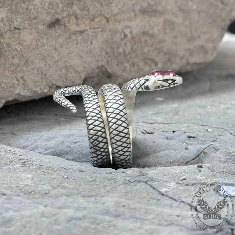 Zircon-set Coiled Snake Sterling Silver Ring