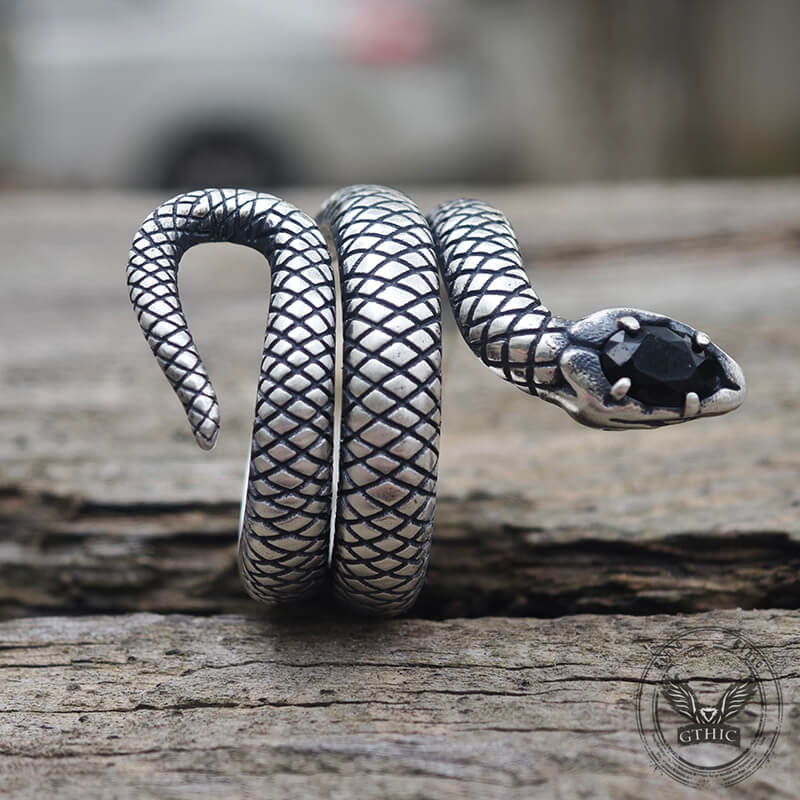 Zircon-set Coiled Snake Sterling Silver Ring