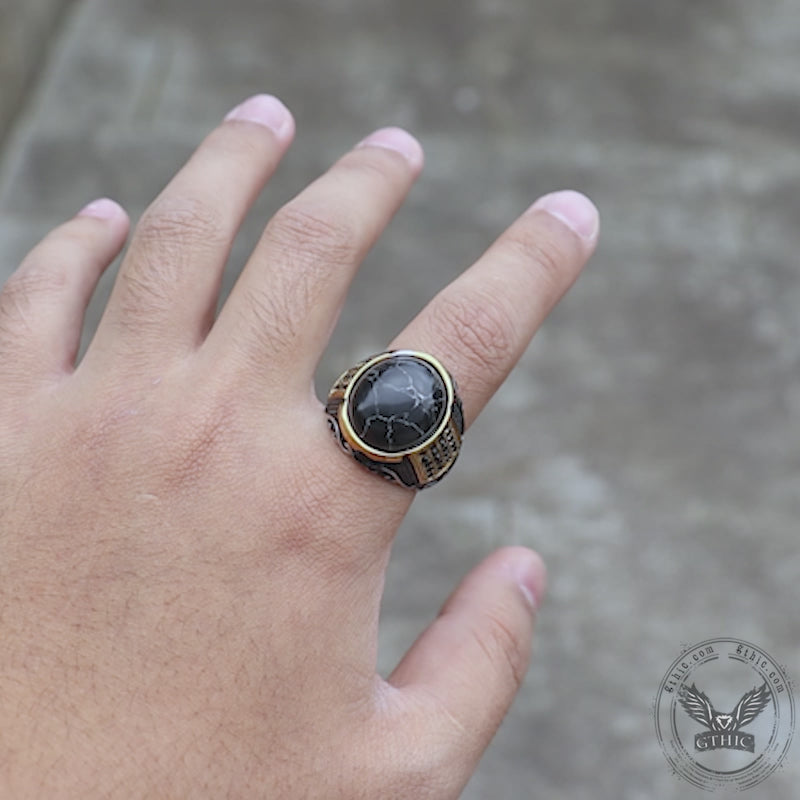 Men's silver ring with black onyx stone engraving the word patience