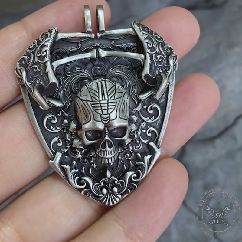 Pendentif tête de mort épée et bouclier en argent sterling