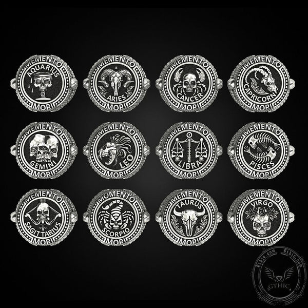12 Constellations Zodiac Sign Sterling Silver Skull Ring | Gthic.com
