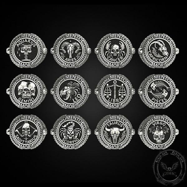 12 Constellations Zodiac Sign Sterling Silver Skull Ring | Gthic.com