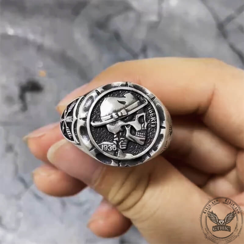 1936 Hobo Nickels Liberty Sterling Silver Skull Ring 02 | Gthic.com