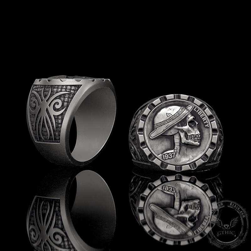1937 Hobo Nickel Coin Sterling Silver Skull Ring | Gthic.com
