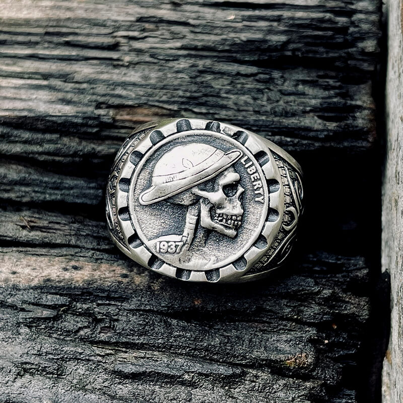 1937 Hobo Nickel Coin Sterling Silver Skull Ring | Gthic.com