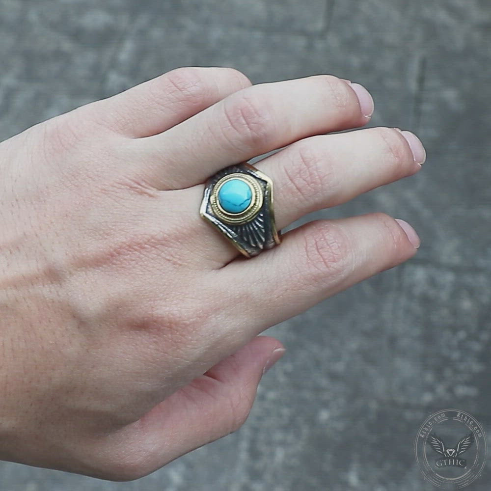 Vintage Feather Inlaid Turquoise Stainless Steel Ring