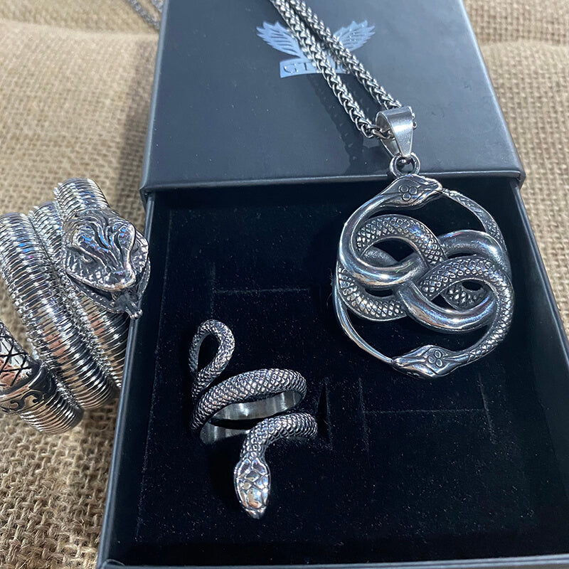 3 Pcs Coiled Snake Ring Pendant And Bracelet Jewelry Set | Gthic.com