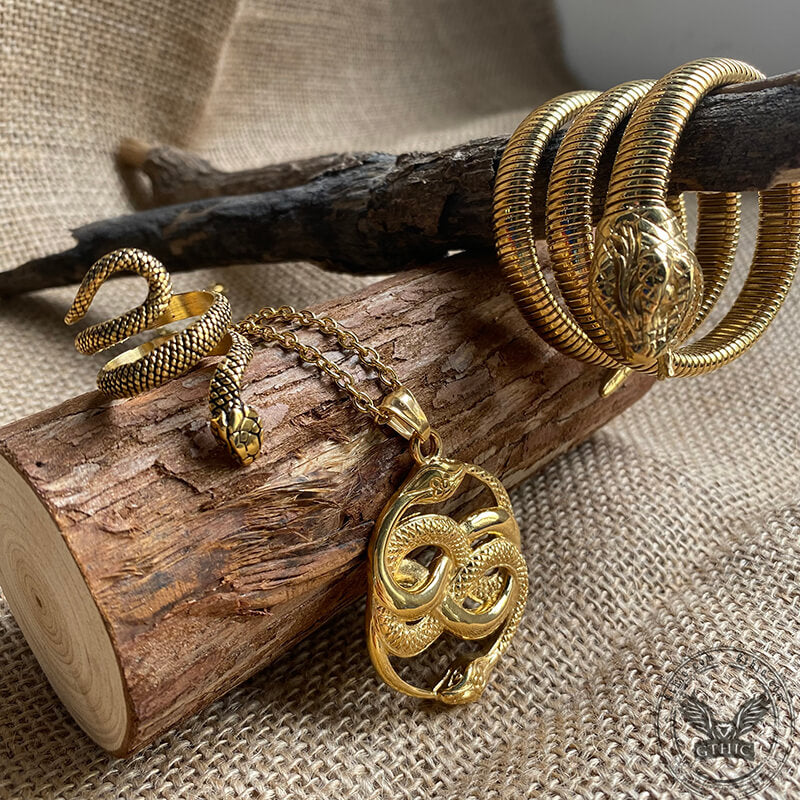 3 Pcs Coiled Snake Ring Pendant And Bracelet Jewelry Set | Gthic.com