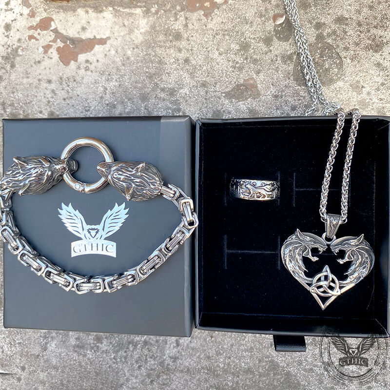 3 Pcs Loyal Wolf Stainless Steel Jewelry Set | Gthic.com