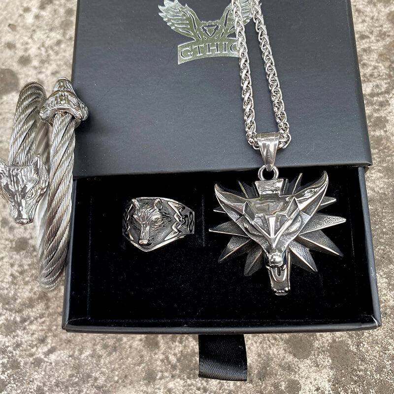 3 Pcs Norse Wolf Head Stainless Steel Jewelry Set | Gthic.com