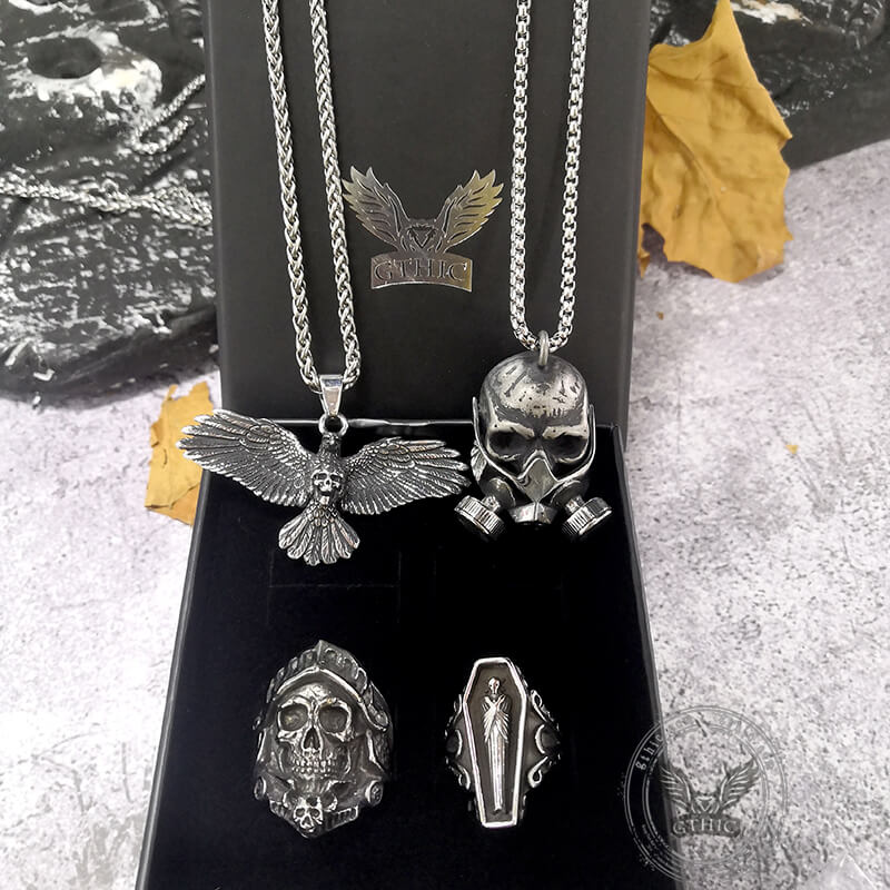 Ensemble de bijoux tête de mort 4 pièces bagues et pendentifs