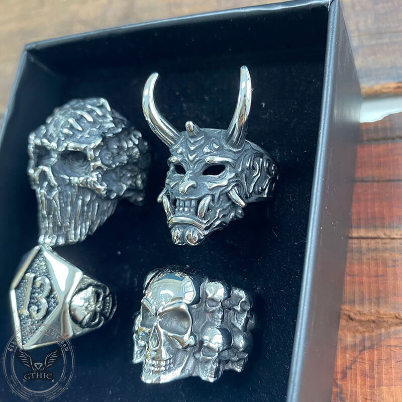 4 Pcs Stainless Steel Devil Skulls Rings Set | Gthic.com
