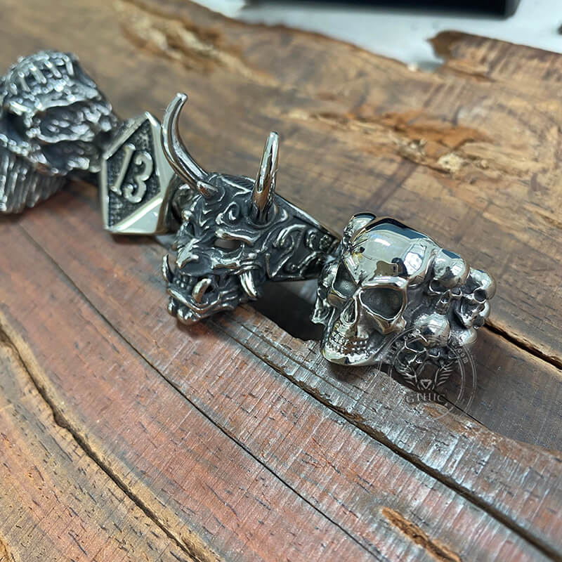 4 Pcs Stainless Steel Devil Skulls Rings Set | Gthic.com