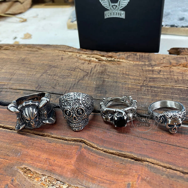 4 Pcs Stainless Steel Gothic Skull Rings Set | Gthic.com