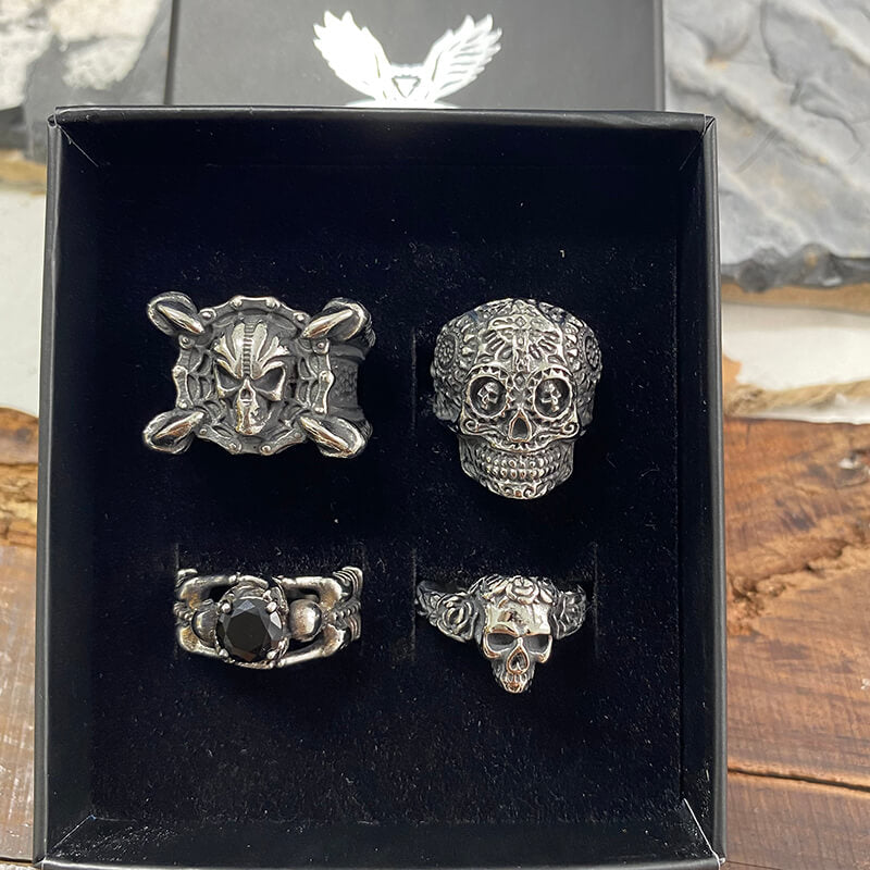 4 Pcs Stainless Steel Gothic Skull Rings Set | Gthic.com