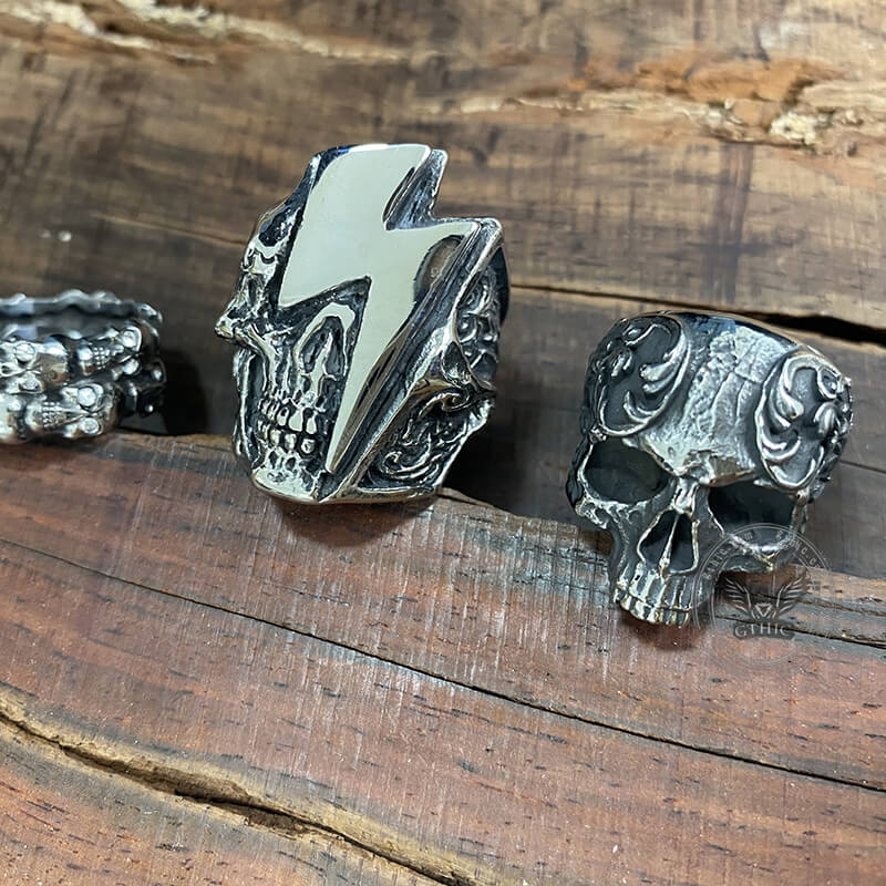 4 Pcs Stainless Steel Lightning Skull Rings Set | Gthic.com