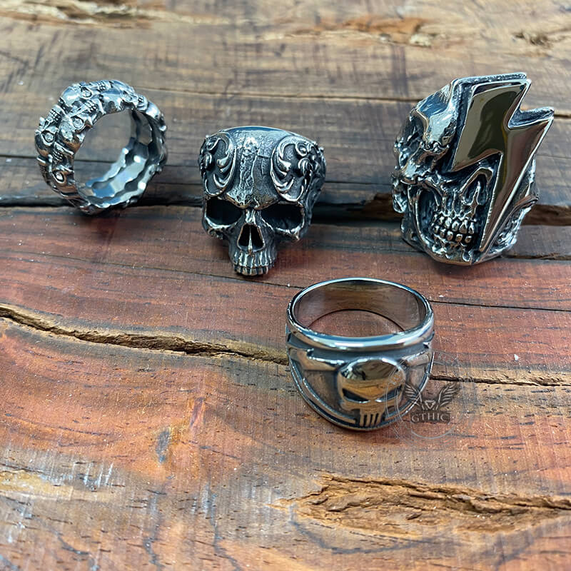 4 Pcs Stainless Steel Lightning Skull Rings Set | Gthic.com