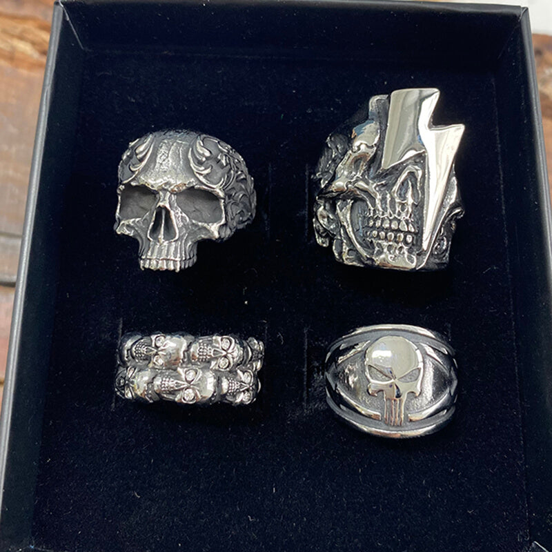 4 Pcs Stainless Steel Lightning Skull Rings Set | Gthic.com