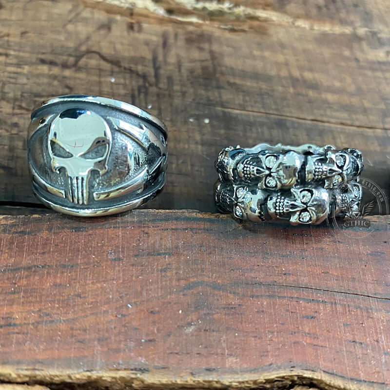 4 Pcs Stainless Steel Lightning Skull Rings Set | Gthic.com