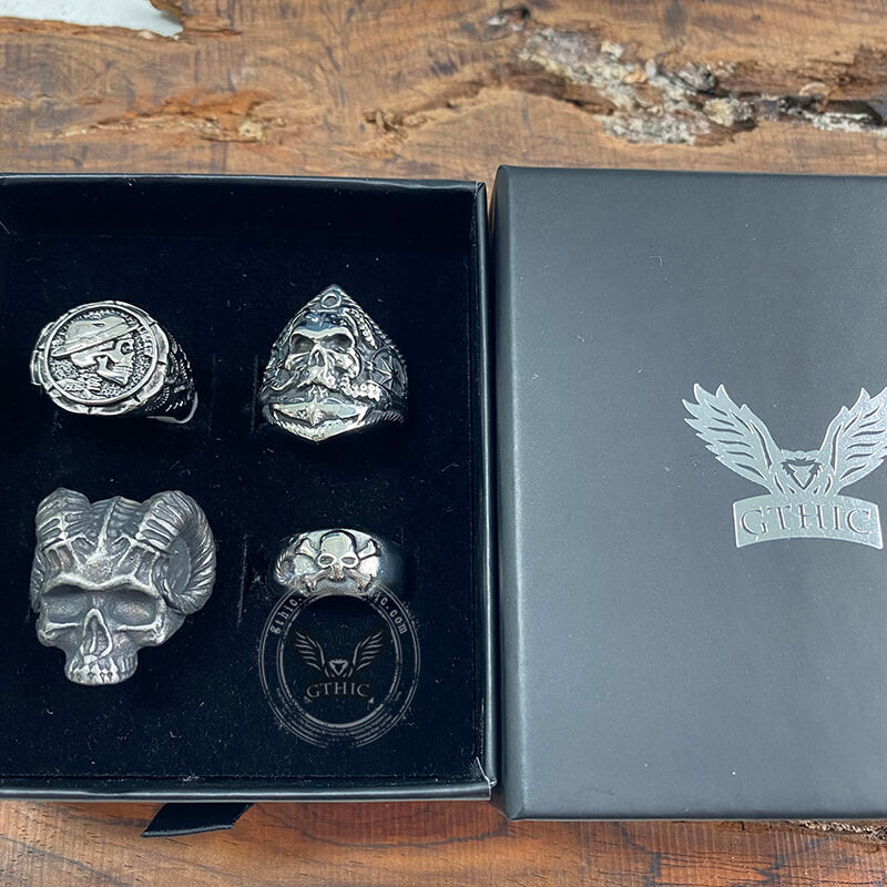 4 Pcs Stainless Steel Skull Rings Set | Gthic.com