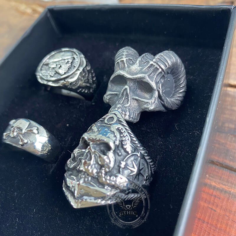 4 Pcs Stainless Steel Skull Rings Set | Gthic.com