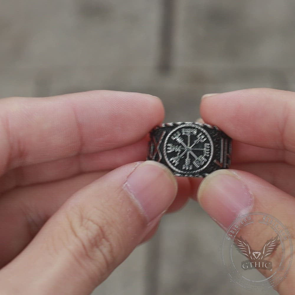 Vegvisir and Runes Stainless Steel Viking Ring