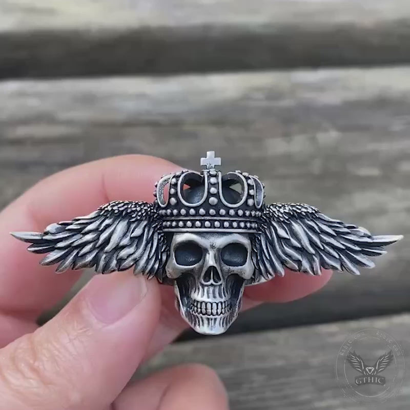 Flying Skull Sterling Silver Biker Ring