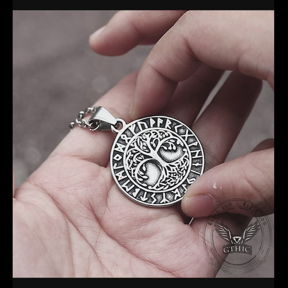 Tree of Life Runes Stainless Steel Viking Pendant