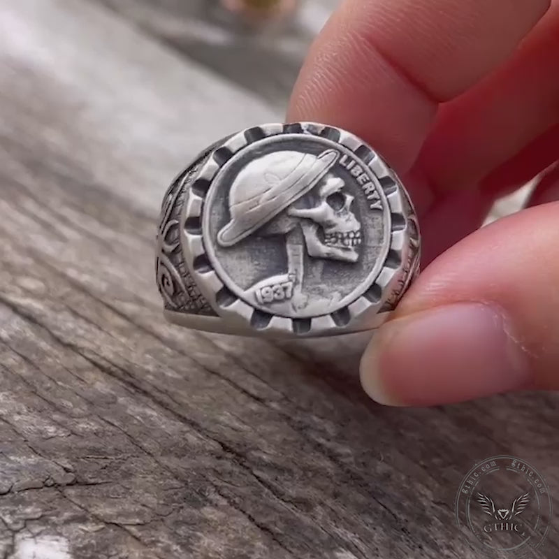 1937 Hobo Nickel Coin Sterling Silver Skull Ring