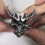 Gehoornde demon schedel sterling zilveren ring