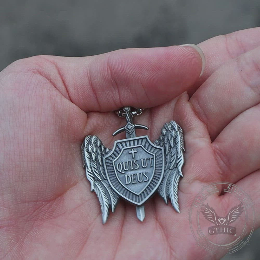 Michael Sword & Shield Archangel Wings Pure Tin Necklace