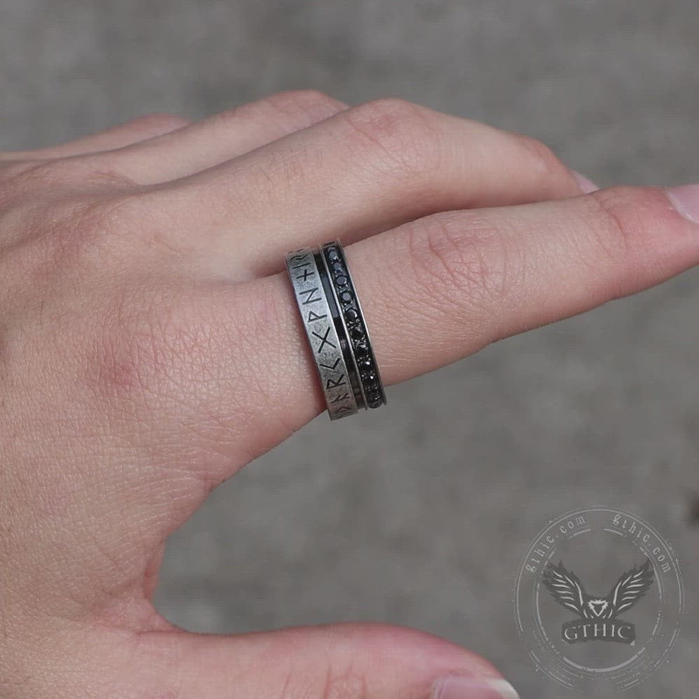 Runes Black Stone Stainless Steel Ring