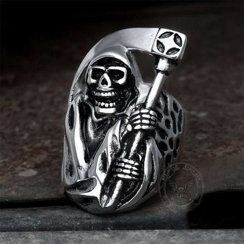 Death Sickle Stainless Steel Skull Ring | Gthic.com
