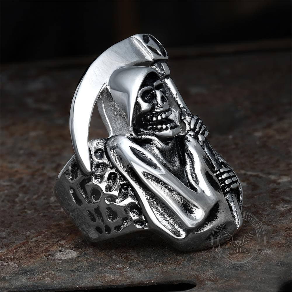 Death Sickle Stainless Steel Skull Ring | Gthic.com