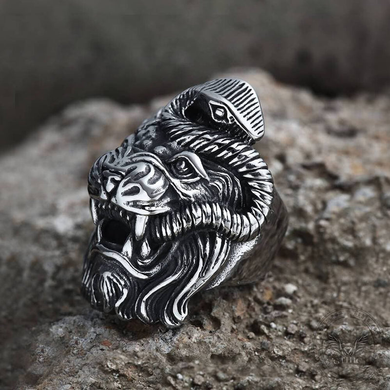 Roaring Lion and Snake Stainless Steel Animal Ring